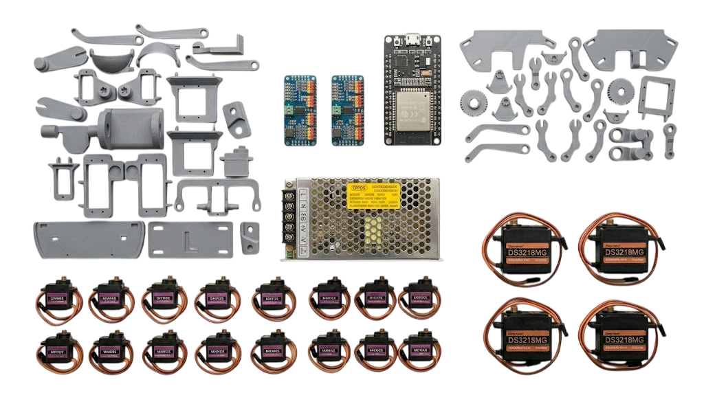 Частите на V&D Labs кита разпределени — принтирани части, ESP32, PCA9685 драйвери, захранване, 19 серво мотора